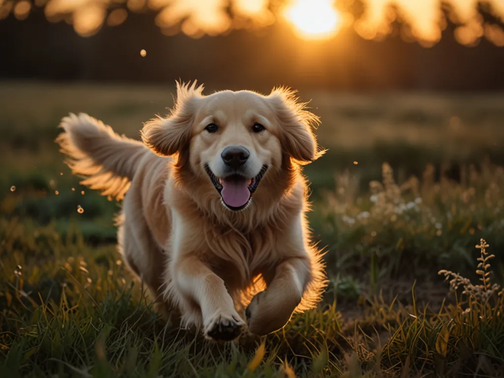 En lycklig golden retriever i solnedgång